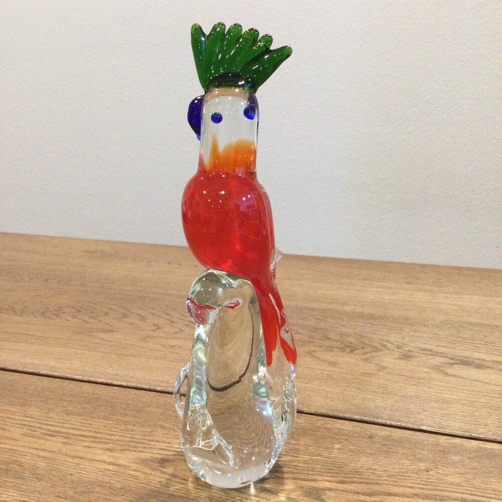 Vintage Glass Bird Parrot Cockatoo Red Green Murano Formia Style Art Glass